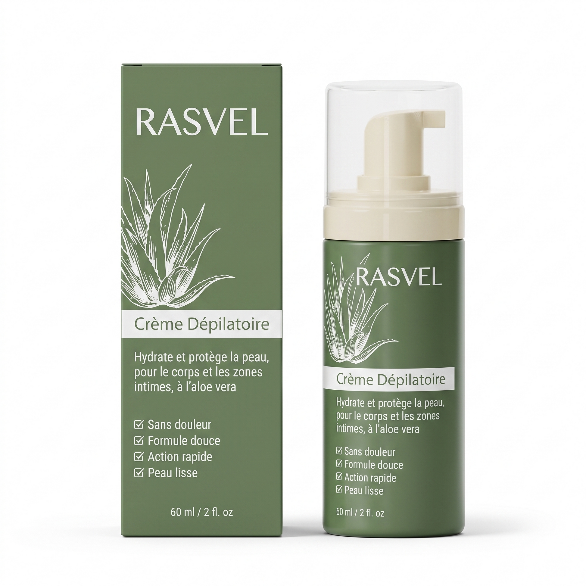 Rasvel – Crème dépilatoire homme, flacon et boîte